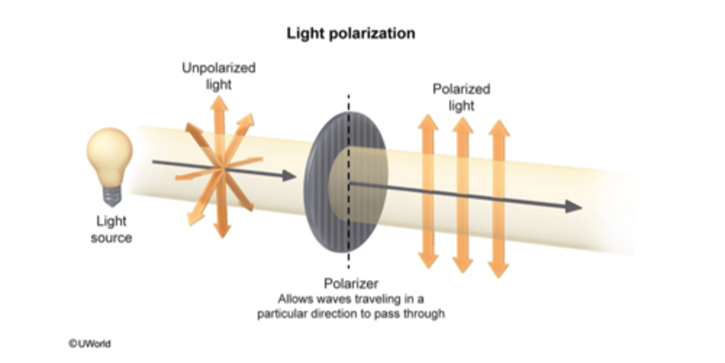 <p>light that vibrates in only one direction</p><p>Photons can oscillate on any axis (in 2 dimensions) as it travels</p>