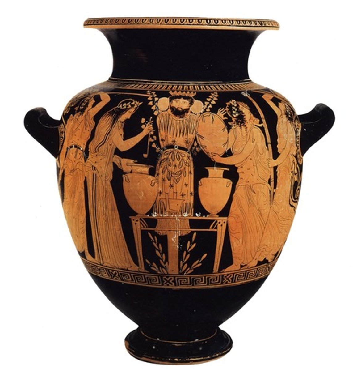 <p>A wide-mouth vase with 2 lids and handles on its shoulders. Used to hold wine before mixing with water.</p>