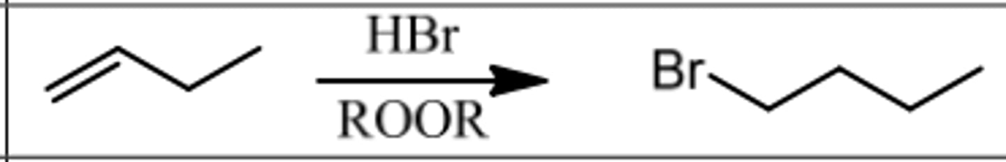<p>Reagents: HBr/ROOR (Peroxide)</p><p>What's Added: H∙ & Br∙ Regioselectivity: Anti-Markovnikov</p><p>Sterioselectivity: -</p><p>Intermediate: Radical</p>