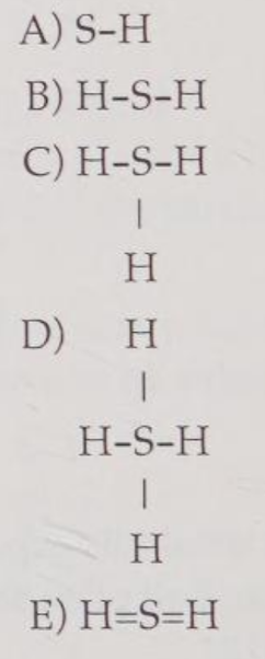 <p>If an atom of sulfur (atomic number 16) were allowed to react with atoms of hydrogen (atomic number 1), which of the molecules below would be formed?</p>
