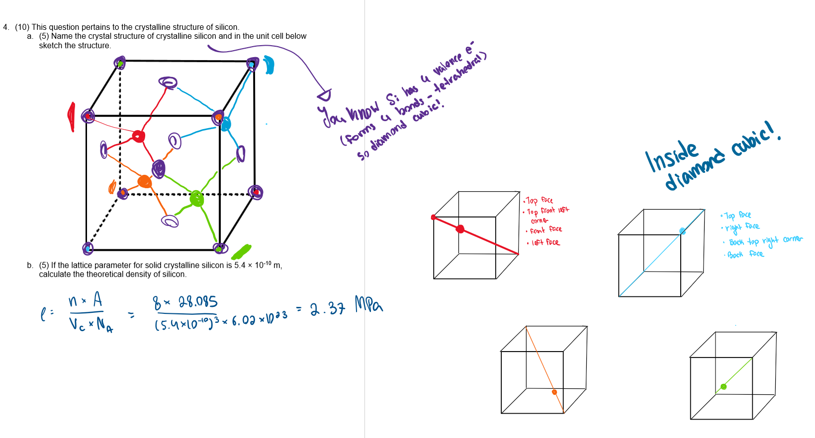 <ol><li><p>FCC</p></li><li><p>the cube has 4 diagonals. following these 4 diagonals, pick 4 vertices (one on each diagonal) so that 2 are on top 2 on the bottom, and 2 are at the front 2 at the back</p></li><li><p>¼ of the way along the diagonals, there is an atom. It is bonded to 4 other atoms: the one in the corner it is closest to, and the 3 atoms on the 3 faces that that corner is touching</p></li></ol><p></p>
