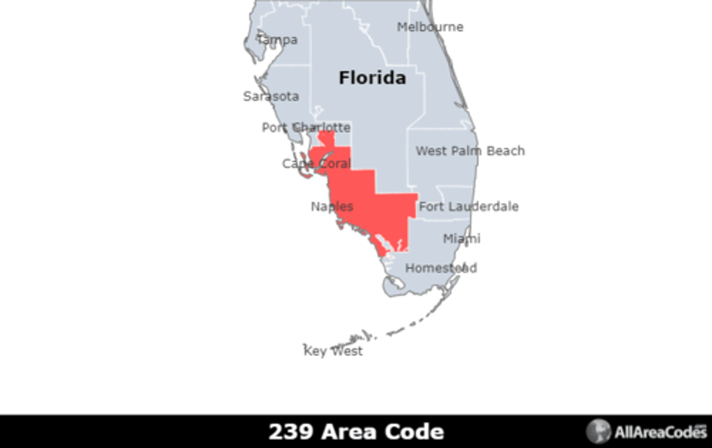 <p>Area code 239 is located in southern Florida and covers Cape Coral, Lehigh Acres, and Fort Myers. It is the only area code that serves the area.</p>