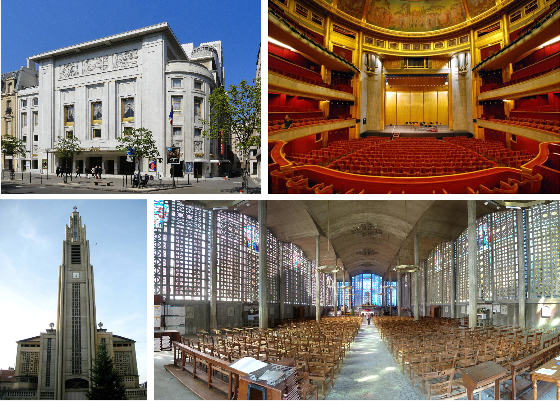 <ul><li><p><span>pioneers in using </span><strong>reinforced concrete</strong></p></li><li><p><strong>The Théâtre des Champs-Élysées (1913)</strong></p></li><li><p><strong>The Church of Notre-Dame du Raincy (1929)</strong></p></li></ul><p></p>