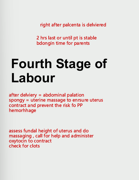 <ul><li><p>begins with the expulsion of the palcenta and lasts until the patient is stable within the first 2 hrs</p><ul><li><p>crucial time for the patient and newborn to acquaint with each other and family memebers</p></li></ul></li><li><p>nursing care include assessment - vital signs, uterus , bladder, bleeding, perineum</p></li><li><p>vital signs</p><ul><li><p>first hour every 15 mins</p></li><li><p>if all parameters are stabalized within the normal range repeat once every second hour</p></li></ul></li></ul><p></p>