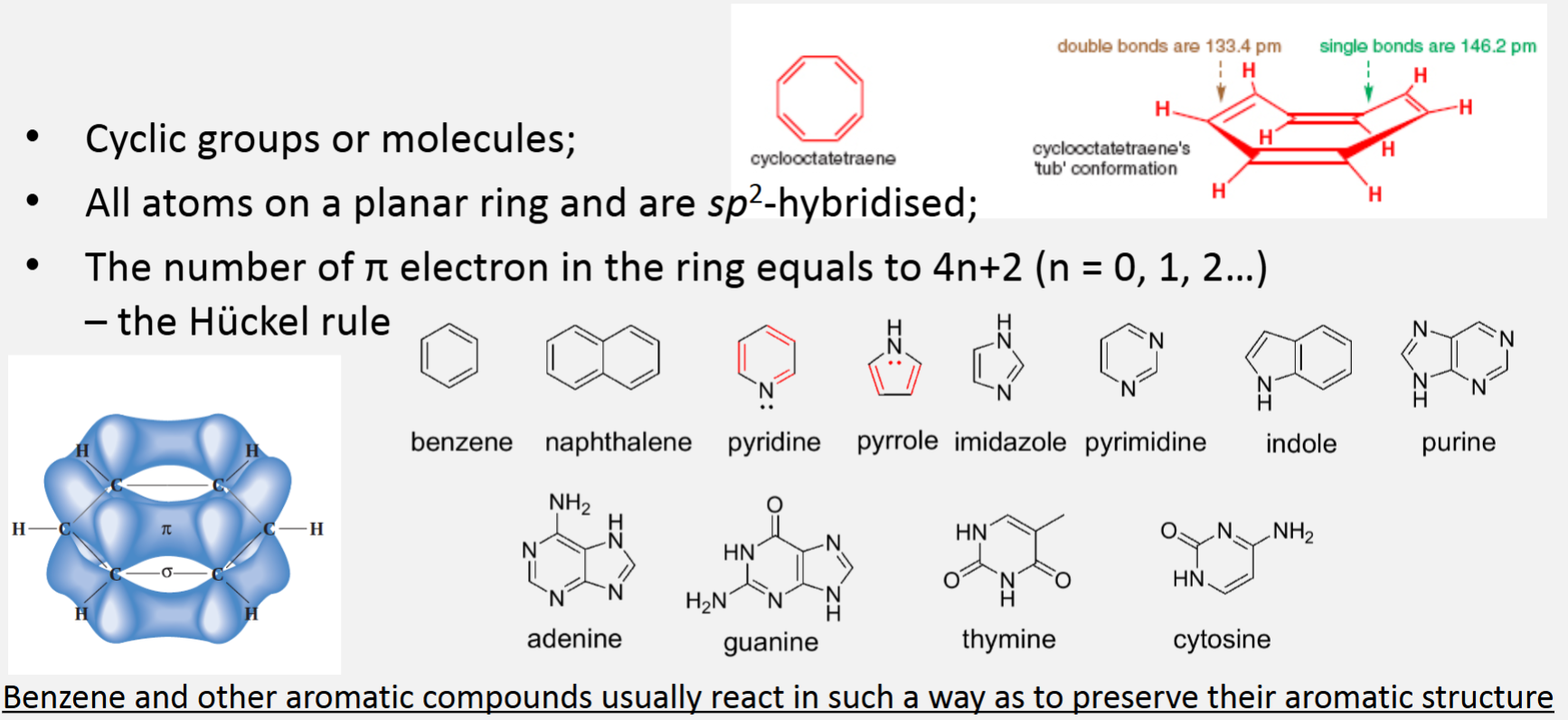 <ul><li><p>Cyclic groups or molecules</p></li><li><p>All atoms on a planar ring and are sp2-hybridised</p></li><li><p>The number of π electron in the ring equals to 4n+2 (n = 0, 1, 2...) - the Hückel rule</p></li><li><p>Benzene and other aromatic compounds usually react in such a way as to preserve their aromatic structure</p></li></ul><p></p>