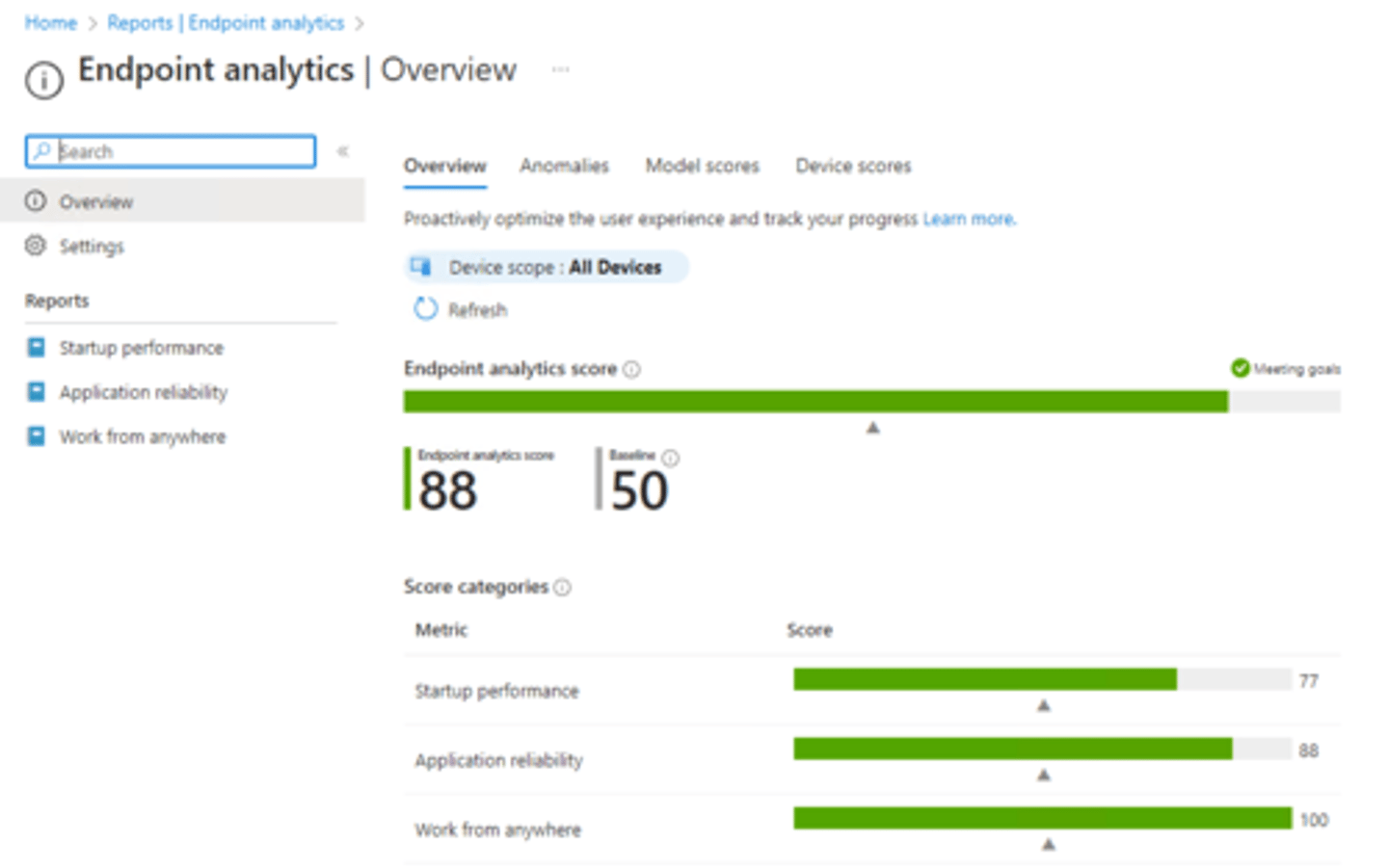 <p>A tool in Microsoft Intune or SCCM used for improving user productivity and reducing IT support costs by providing insights into the user experience. -- In Intune home page to Reports &gt; Endpoint Analytics</p>