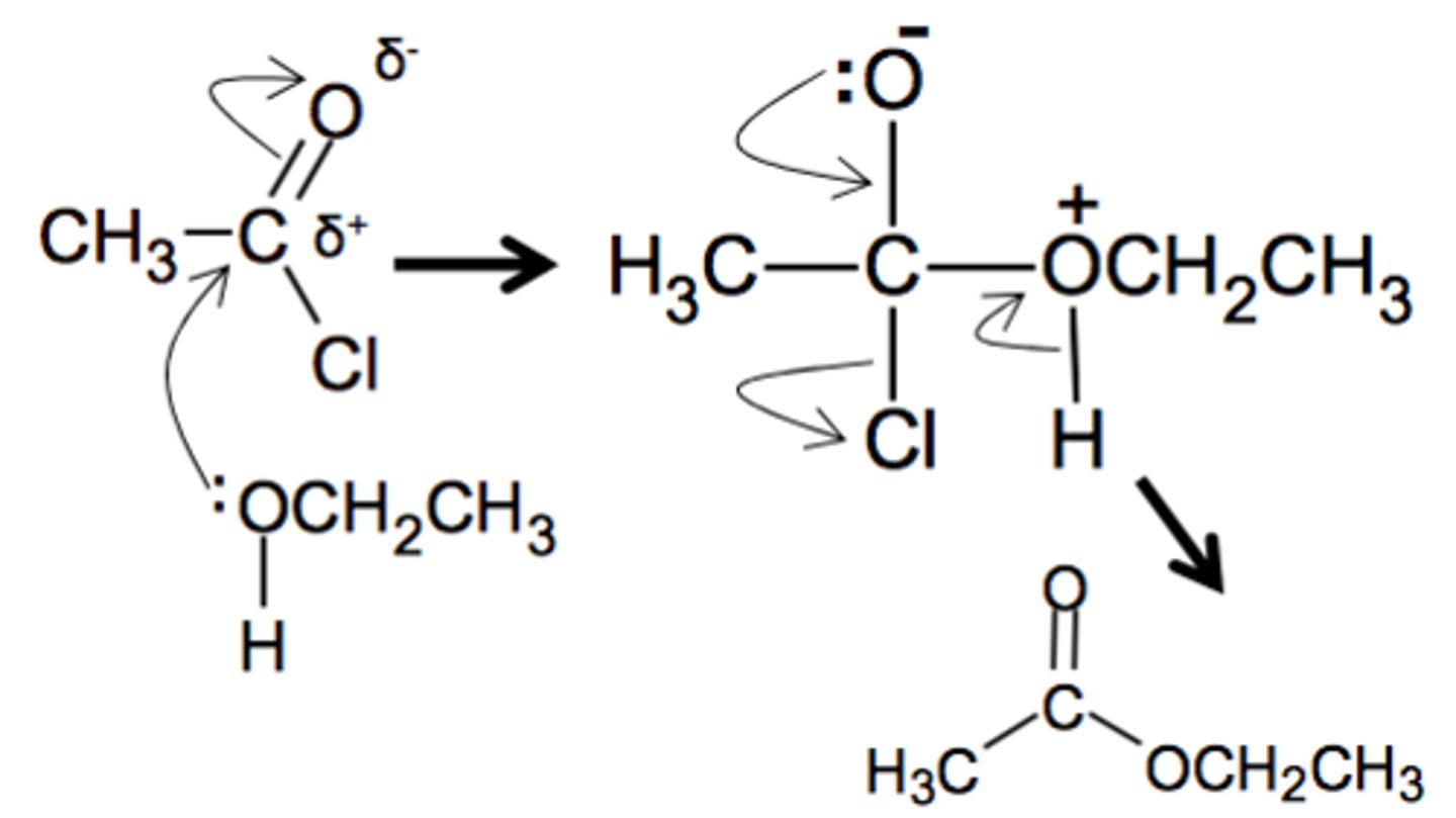 <p>[Nucleophilic addition-elimination]</p><p>Alcohol, 20°C</p><p>Product = Ethylethanoate</p>