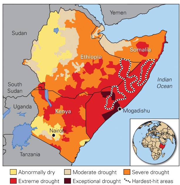 <ul><li><p>poor dev n poverty increases drought risk in africa</p></li><li><p>horn of africa has been n a drought since 2011</p></li><li><p>17 million peep face water stress n food insecurity</p></li><li><p>5.5 million peep have access to only contaminated water</p></li><li><p>lack of infrastruct n poor security hamper relief efforts</p></li></ul>