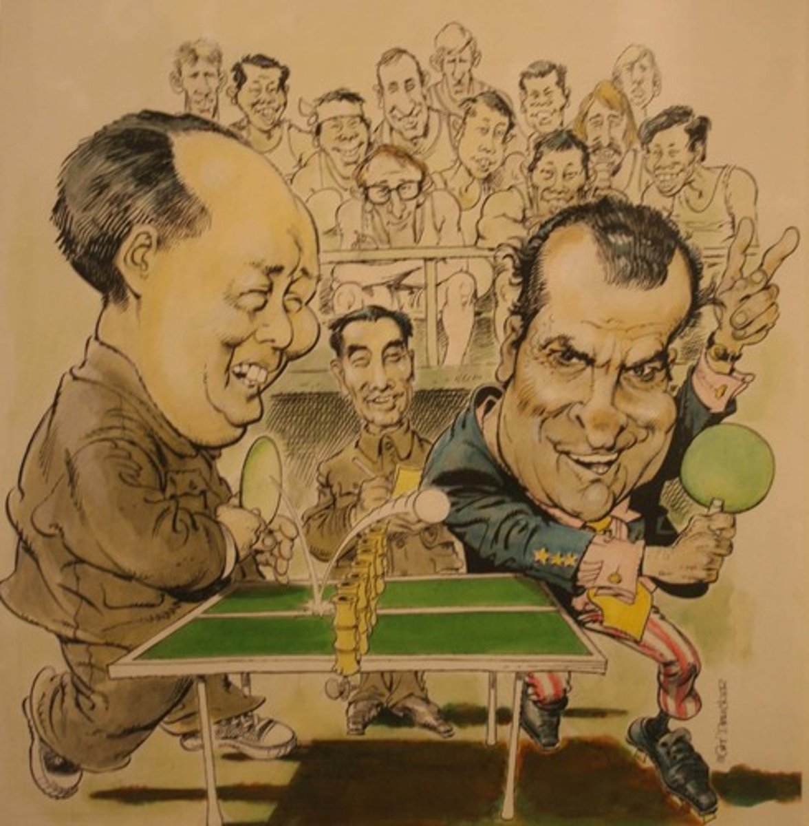 <p>1971, US ping-pong team was invited to an exhibition trip to China to compete, normally Americans weren't allowed into China because of Communism, led to an inadvertent decrease in US-China tensions</p><p>En 1971, el equipo estadounidense de ping-pong fue invitado a un viaje de exhibición a China para competir; normalmente a los estadounidenses no se les permitía ingresar a China debido al comunismo, lo que provocó una disminución inadvertida de las tensiones entre Estados Unidos y China.</p>
