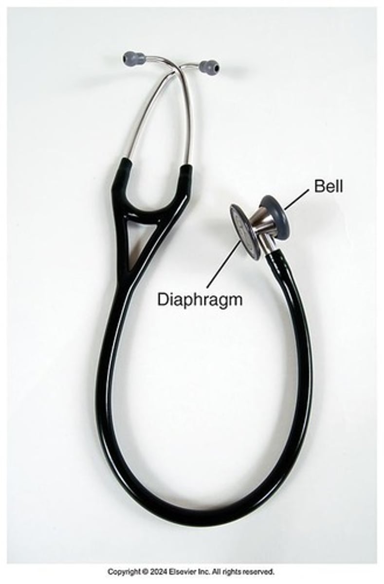 <p>used for low-frequency/low-pitched sounds (ex: heart sounds)</p><p>place it lightly on the skin (using too much pressure doesn't pick up the low frequencies)</p>