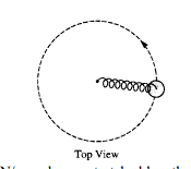 <p>A spring has a force constant of 100 N/m and an unstretched length of 0.07 m. One end is attached to a post that is free to rotate in the center of a smooth table, as shown in the top view above. The other end is attached to a 1 kg disc moving in uniform circular motion on the table, which stretches the spring by 0.03 m. Friction is negligible. What is the centripetal force on the disc?</p><p>(A) 0.3 N (B) 3N (C) 10 N (D) 300 N</p>