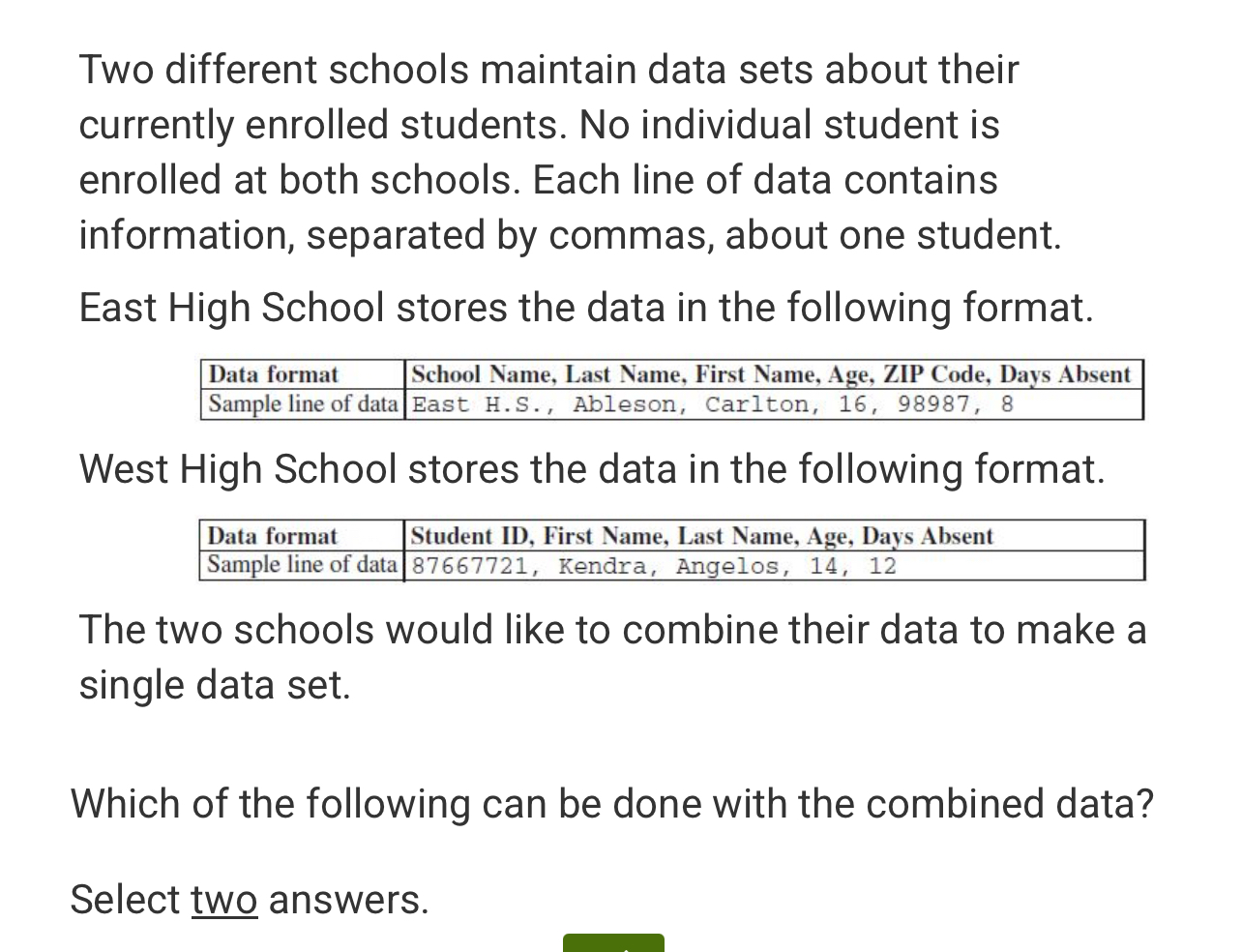 <p><br></p><p><strong>A</strong></p><p>The schools can create a single list of student names, sorted by last name.</p><p><strong>B</strong></p><p>The schools can determine the average number of days students are absent.</p><p><strong>C</strong></p><p>The schools can determine which ZIP code is represented by the most students.</p><p><strong>D</strong></p><p>The schools can determine the student ID of the student with the greatest number of absences</p>