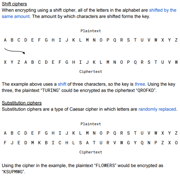 <p>There are <strong>2 </strong>main ways being:</p><ul><li><p>Shift</p></li><li><p>Substitution</p></li></ul><p>overall they work by replacing one letter with another being mainly how they work however the process of how its done is what changes.</p><p>A shift considers two sets of data with one being where one of the sets are SHIFTED so its not a one to one relation with these brand new values (even though it still is if even one is found) while a substitution will completely remove the order of a shift and entirely assign each to their own from this second set.</p>