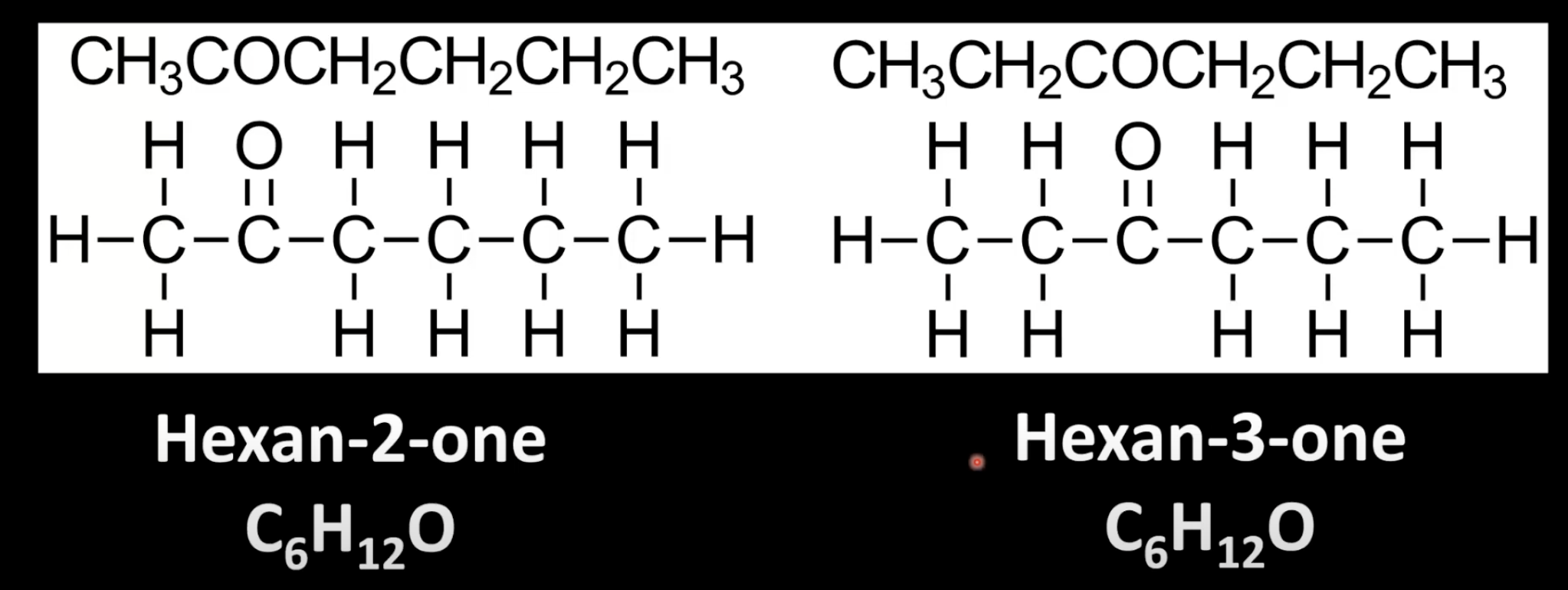 <p>Ketones have the C=O group bonded to two carbon atoms. </p><p>Name them by replacing the -e of the parent alkane with -one.</p><p>Number the chain to give the C=O the lowest possible number.</p>
