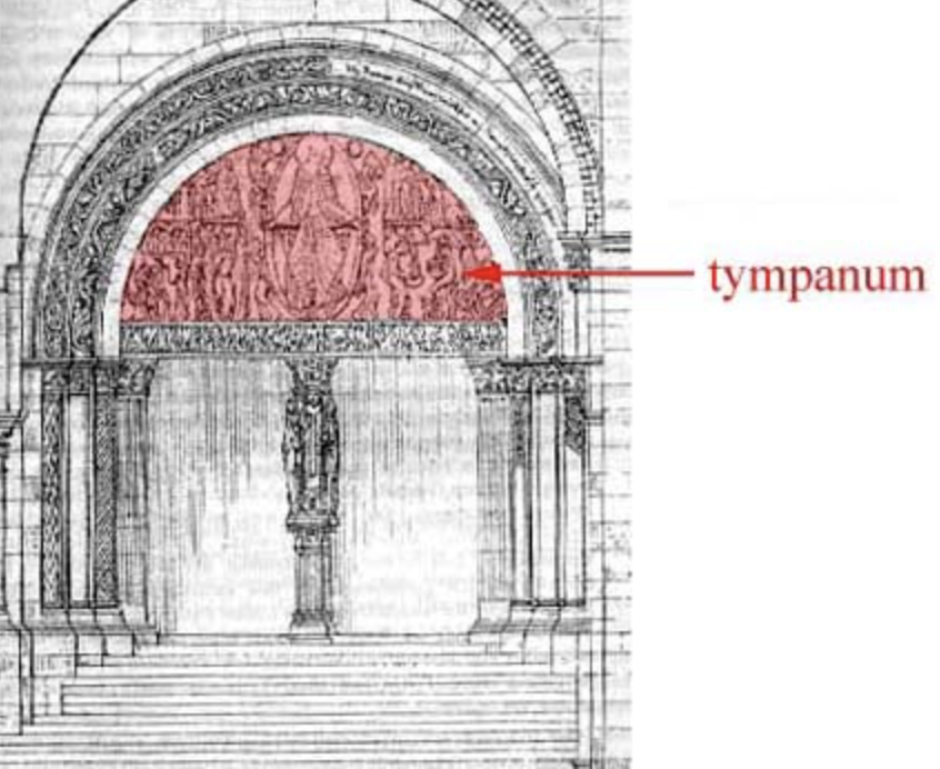 space forming in the center of a pediment, typically decorated