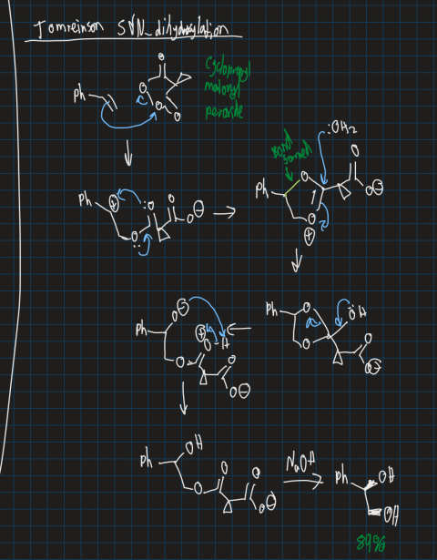 <ul><li><p>Also gets both OH groups on the same side (cis isomer formed)</p></li></ul><p></p>