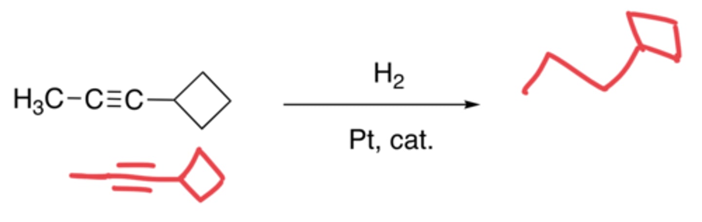 <p>- The addition of H molecules</p><p>- Syn-addition</p><p>- Makes an alkane, no in between</p>