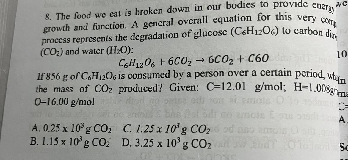 <p><span>The food we eat is broken down in our bodies to provide energy for growth and function. A general overall equation for this very complex process represents the degradation of glucose (C_6H_120_6) to carbon dioxide (CO2) and water (H2O):</span></p><p><span><br></span></p>