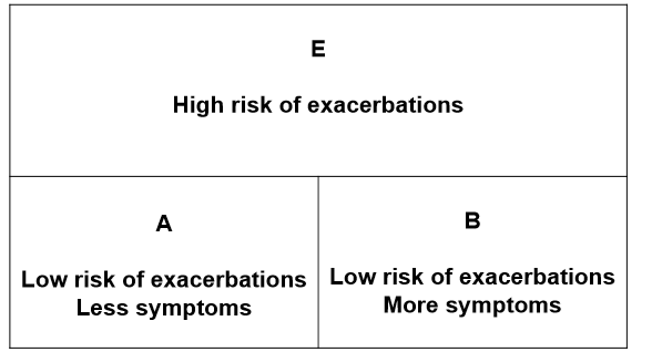 <ul><li><p>based off frequency and severity of exacerbations</p></li><li><p>basically, if you have 2 or more exacerbations or 1 or more exacerbations leading to hospitalization= E category</p><ul><li><p>if you have 0 or 1 moderate exacerbations no hospitalization in either A or B category depending on mMRC and CAT</p></li></ul></li></ul>