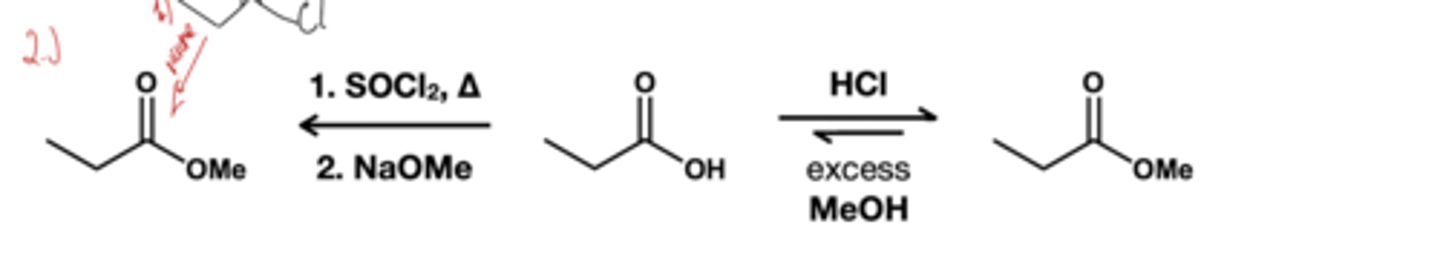 <p>ROH(xs), HCl ; basically same reagent as acid transesterification except the starting material is a carboxylic acid</p>