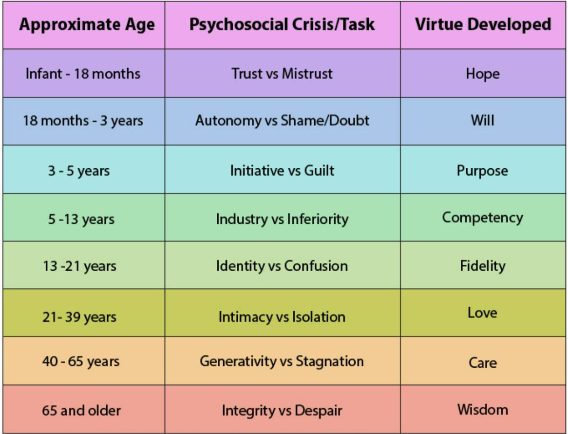 describe typical developmental issues from infancy through adolescence in 8 stages