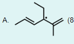 <p>A</p><p>A <strong>free radical</strong> is an atom or a molecule with an unpaired electron. Free radicals are stabilized by neighboring alkyl groups because they <strong>donate electron density</strong> to the carbon bearing the unpaired electron. In addition to neighboring alkyl groups, <strong>resonance</strong> stabilizes a free radical because it causes the unpaired electron to be <strong>delocalized</strong> over a larger area. Below are various radicals shown in order of increasing stability from left to right:</p><img src="https://organic-chemistry.s3.amazonaws.com/Test+6/Question+28+Solution+1.png" data-width="100%" data-align="center"><p>The molecule in Option A&nbsp;is most stable because the radical is located on a tertiary carbon, and due to the presence of neighboring pi bonds, it is also stabilized by resonance.</p>