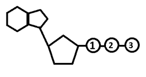 <p>Name the three parts (in order): The molecule on the top left, the molecule in the center, and the three groups on the right</p>
