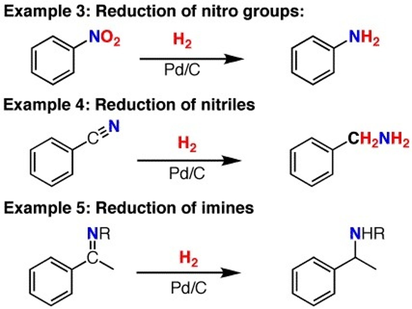 <p>Reducing agent... Reduces Alkynes and Alkenes - Alkanes</p><p>Aldehydes- primary alcohols</p><p>Ketones- secondary alcohols</p><p>Esters- two alcohols</p><p>Imine- amine</p><p>Amide- amine</p><p>Nitrile- primary amine</p><p>Nitro- amine</p>