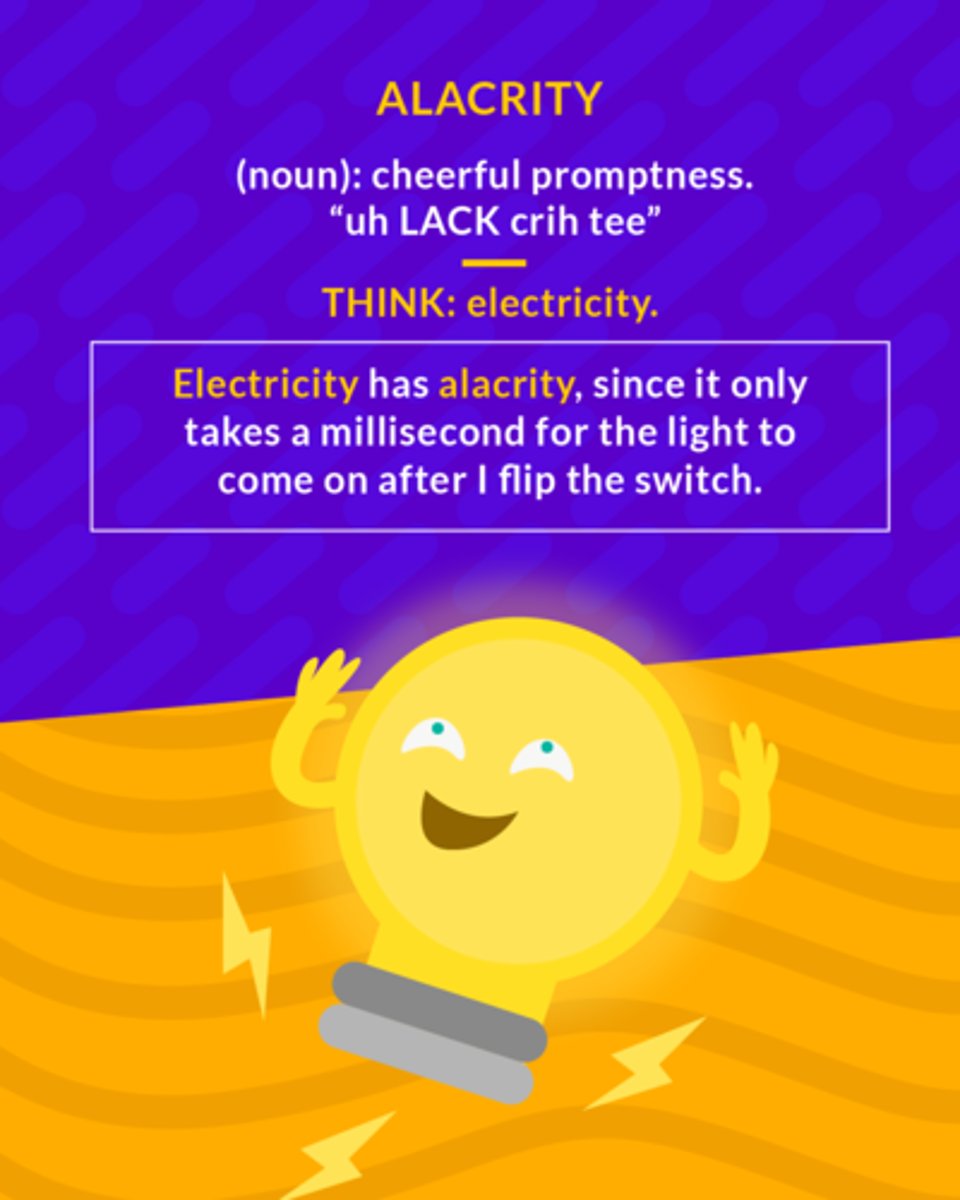 <p>(noun) a cheerful readiness; brisk and eager action</p><p>syn: promptness, willingness, dispatch, celerity</p><p>noun: cheerful readiness</p>