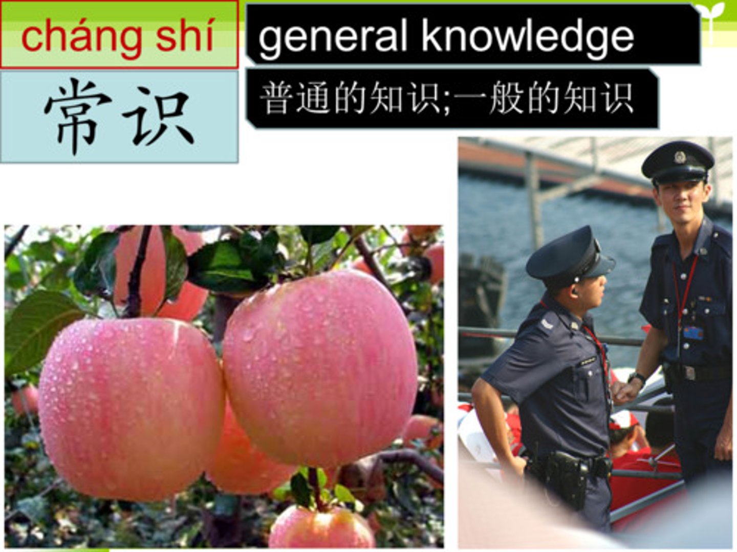 <p>chángshí kiến thức phổ thông 這是基本的常識。 (Zhè shì jīběn de chángshí.) - Đây là kiến thức phổ thông cơ bản.</p>
