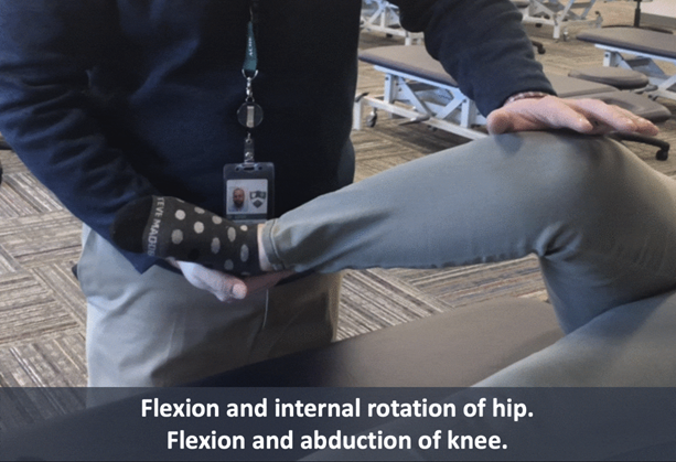 <p><span>With hip and knee flexed, <strong>internally rotate hip and apply a gentle valgus force to knee (LCL) </strong>with one hand and use the other to apply a counterforce.</span></p><p><span>While maintaining the gentle force, slowly return the leg to neutral.</span></p><p><span><strong>When the motion becomes sluggish or interrupted, pause for 3-5 seconds</strong>.</span></p><p><span>Repeat steps 2 and 3 until the leg is fully in its neutral position on the table.</span></p><p><span><strong>Repeat with externally rotated hip and a varus force on the knee (MCL)</strong>.</span></p><p></p>