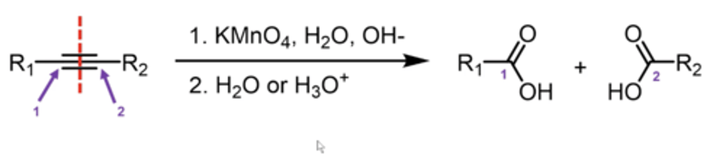 <p>the same thing as ozone (O3):</p><p>it also "saws" the triple bond in half and converted each former alkyne carbon into a C.A. carbon</p>