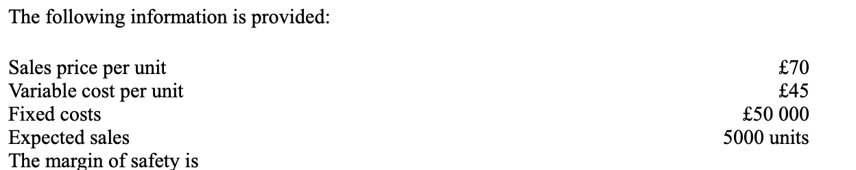 margin of safety:

* 2000 units.
* 3000 units.
* 5000 units.
* 7000 units.