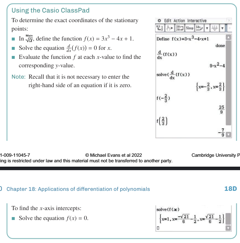 <ul><li><p class="">A point (a, f(a)) on curve y = f(x) is <strong>stationary</strong> if the <strong>derivative = 0</strong> at x = a.</p></li><li><p class="">In symbols: <strong>f'(a) = 0</strong> or <strong>dy/dx = 0</strong> at x = a.</p></li><li><p class="">At stationary points, the <strong>tangent is horizontal</strong> (parallel to x-axis).</p></li></ul><p class=""><strong>Types:</strong></p><ul><li><p class=""><strong>Local Maximum:</strong> f′(x) changes from + to – (peak)</p></li><li><p class=""><strong>Local Minimum:</strong> f′(x) changes from – to + (valley)</p></li><li><p class=""><strong>Inflection Point:</strong> f′(x)=0, no sign change (flat but no turn)</p></li></ul><p class=""><strong>Turning Points:</strong> Local max and min only.</p><p><strong>Examples:</strong></p><ol><li><p class="">y = 9 + 12x − 2x²</p><ul><li><p class="">dy/dx = 12 − 4x</p></li><li><p class="">Set to 0: 12 − 4x = 0 → x = 3</p></li><li><p class="">Stationary point: (3, 27)</p></li></ul></li></ol><p></p>