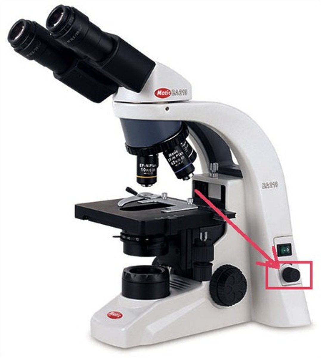 <p>Dial on the base of microscope that adjusts the brightness</p>
