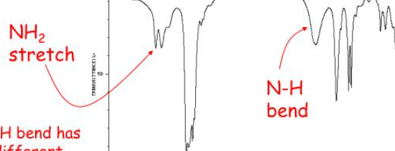 <p>~3300 cm⁻¹ (one peak for −NH, two peaks for −NH₂)</p>