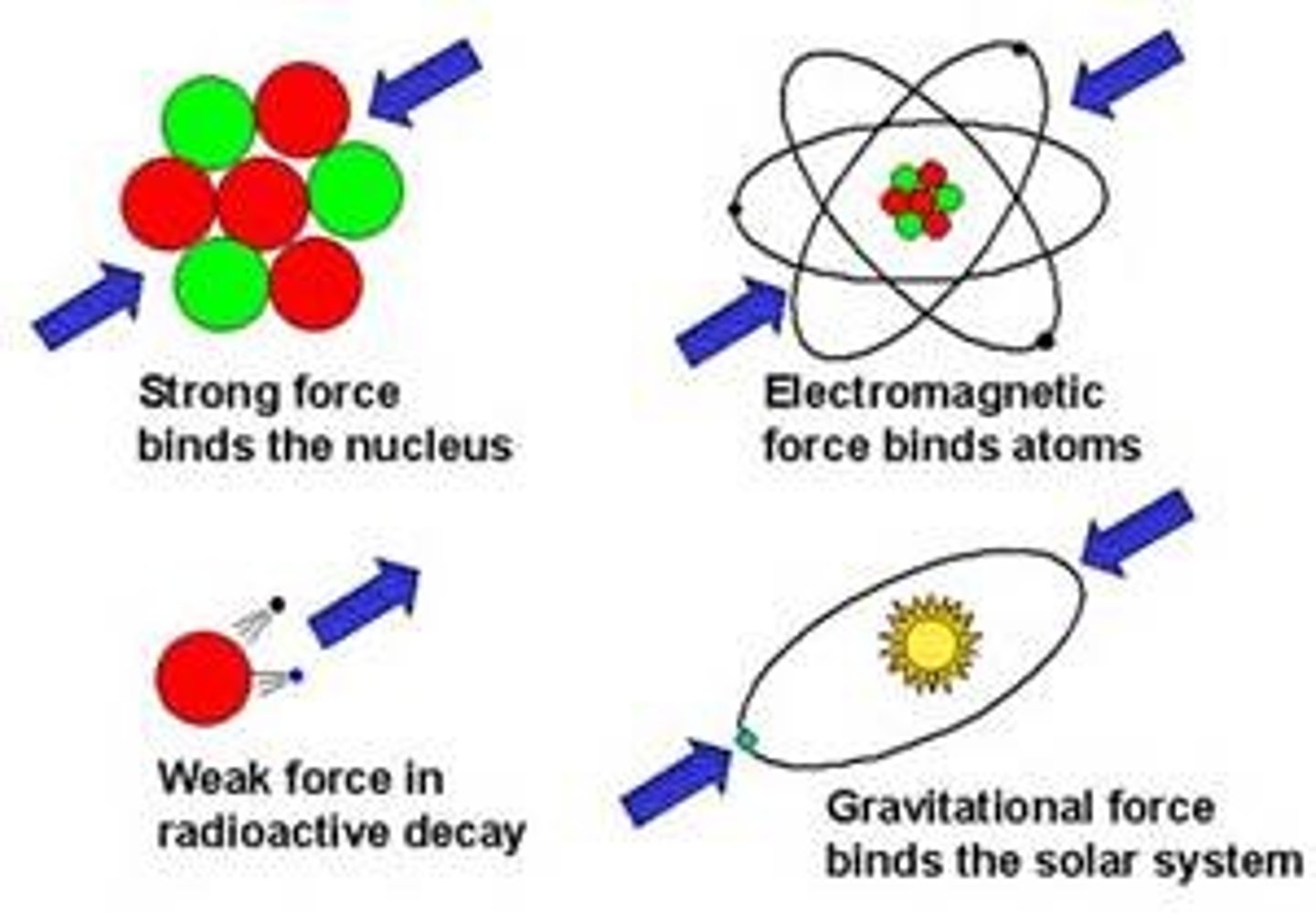 <p>four basic forces acting in nature: strong force, electromagnetic force, weak force, gravitational force</p>