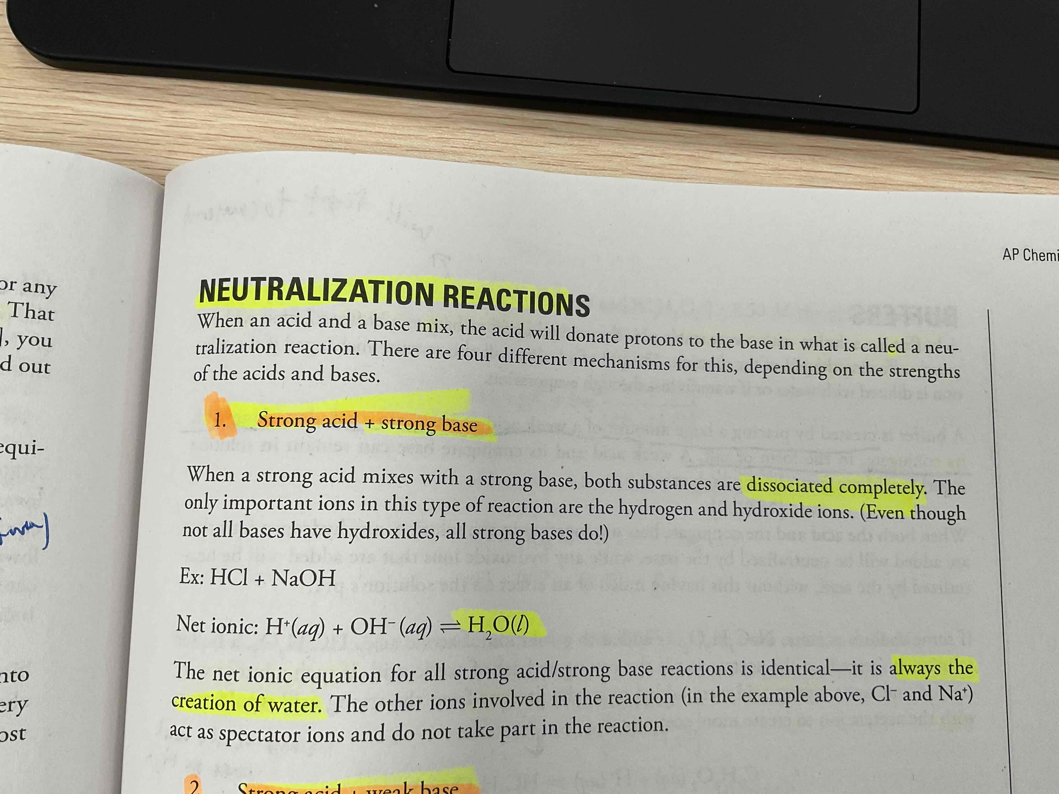 <p>Dissociated completely</p><p>Always RESULTS in creation of water H2O and salt</p>