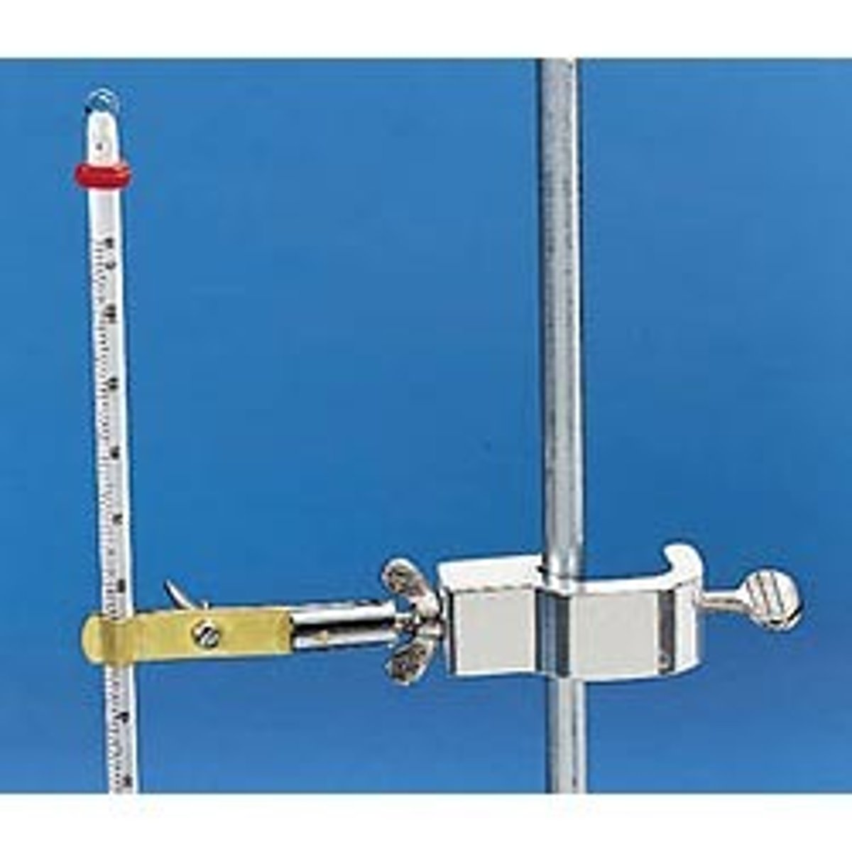 <p>A metal clamp that is used to hold a glass thermometer in place on a ring stand.</p>