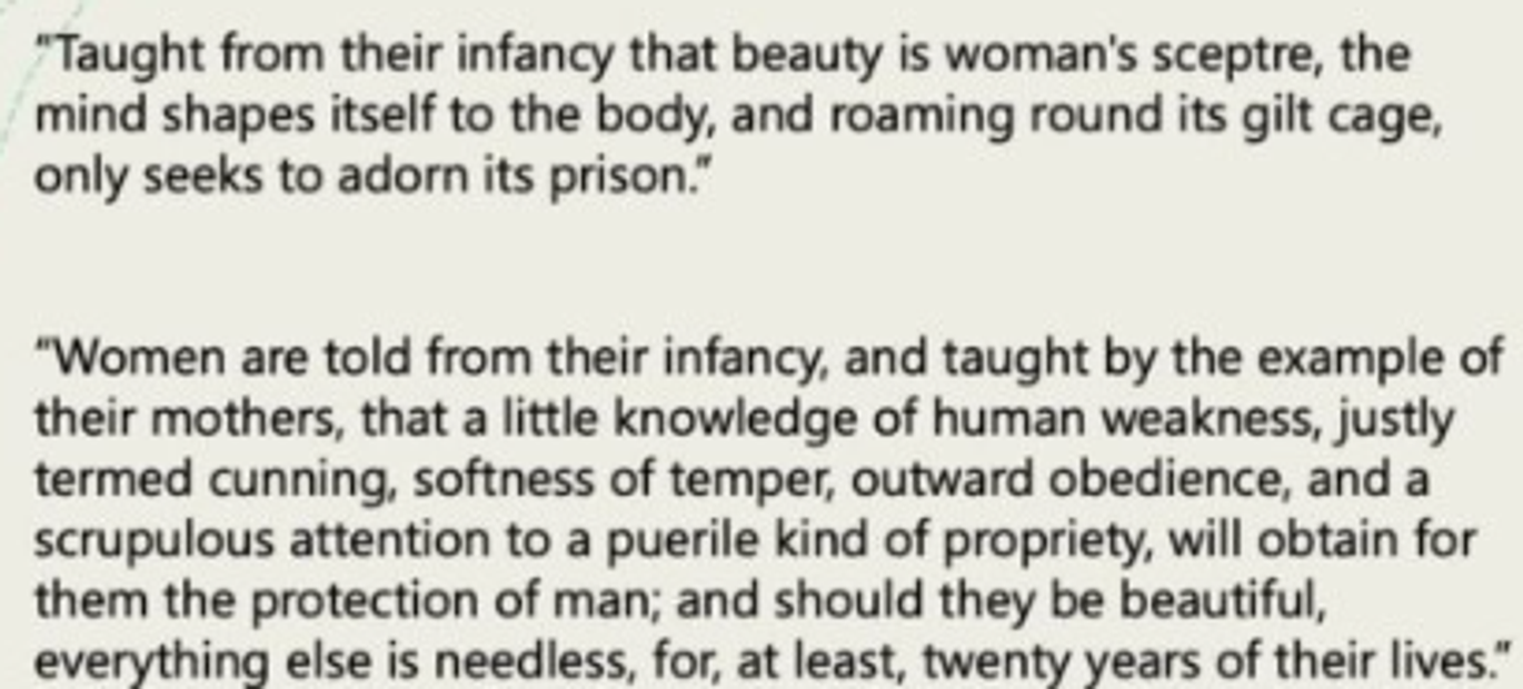 <p>1 first proto-feminist texts = <strong><em>The Vindication of the Rights of Woman</em></strong> (1792)</p><ul><li><p>Argued women’s apparently weak &amp; passive nature owed more to social rules than their physical make-up.</p></li><li><p>already by 1700s: idea women being conditioned by sit. around themselves; view that gender = social construct; femininity is not biological but determined by way raised.</p></li></ul><p><em>proto-socialist → analysed it ← class perspective</em></p><p>→ <em>contrib. women to FR</em></p>