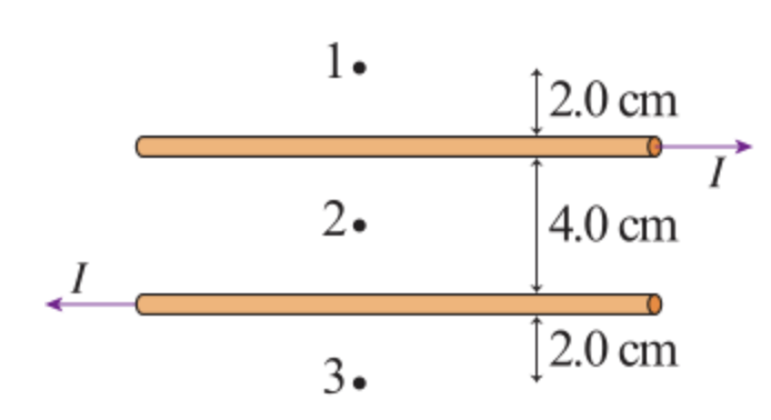 <p><span><span>Assume that </span></span><span style="line-height: normal;"><span>I</span></span> = 14 <span style="line-height: normal;"><span>A</span></span> <span><span>in </span></span><span>(</span><span><u><span>Figure 1</span></u></span><span>)</span>. What is the magnetic field strength at point 1, point 2, and point 3? What is the direction of the magnetic field strength at point 1, point 2, and point 3?</p><ol><li><p>to the left</p></li><li><p>into the page</p></li><li><p>out of the page</p></li><li><p>to the right</p></li></ol><p></p>