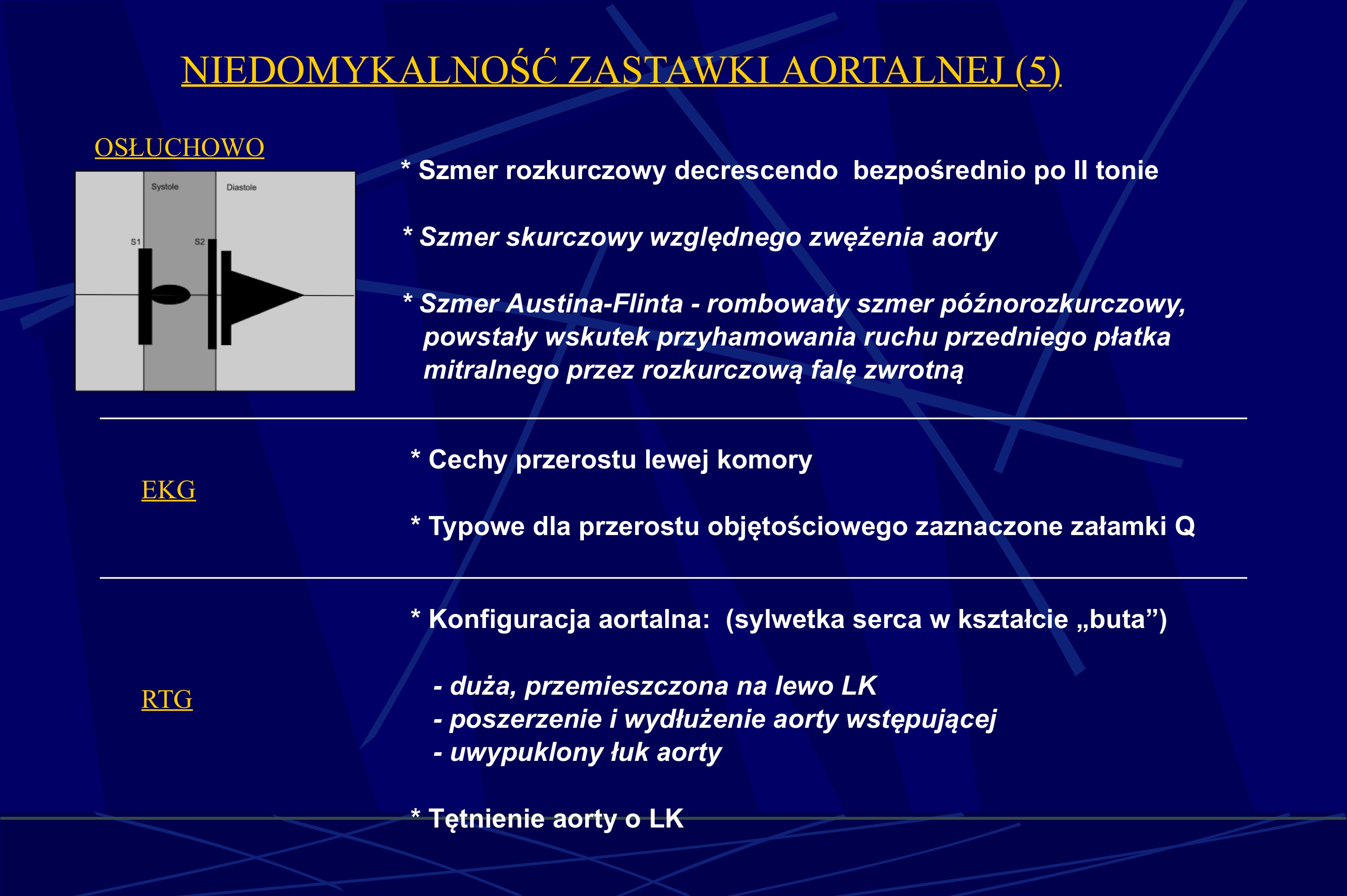 <ul><li><p>szmer rozkurczowy decrescendo bezpośrednio po II tonie serca</p></li><li><p>szmer skurczowy względnego zwężenia zastawki aortalnej</p><ul><li><p>spowodowany dyspropocją między szerokością&nbsp;ujścia a patologicznie dużą&nbsp;objętością&nbsp;wyrzutową</p></li></ul></li><li><p>szmer Austina-Flinta </p><ul><li><p>szmer póżnorozkurczowy względnego zwężenia zastawki mitralnej (rozkurczowa fala zwrotna ogranicza ruch przedniego płatka mitralnego, ograniczając napływ przedisonkowy)</p></li></ul></li></ul><p></p>