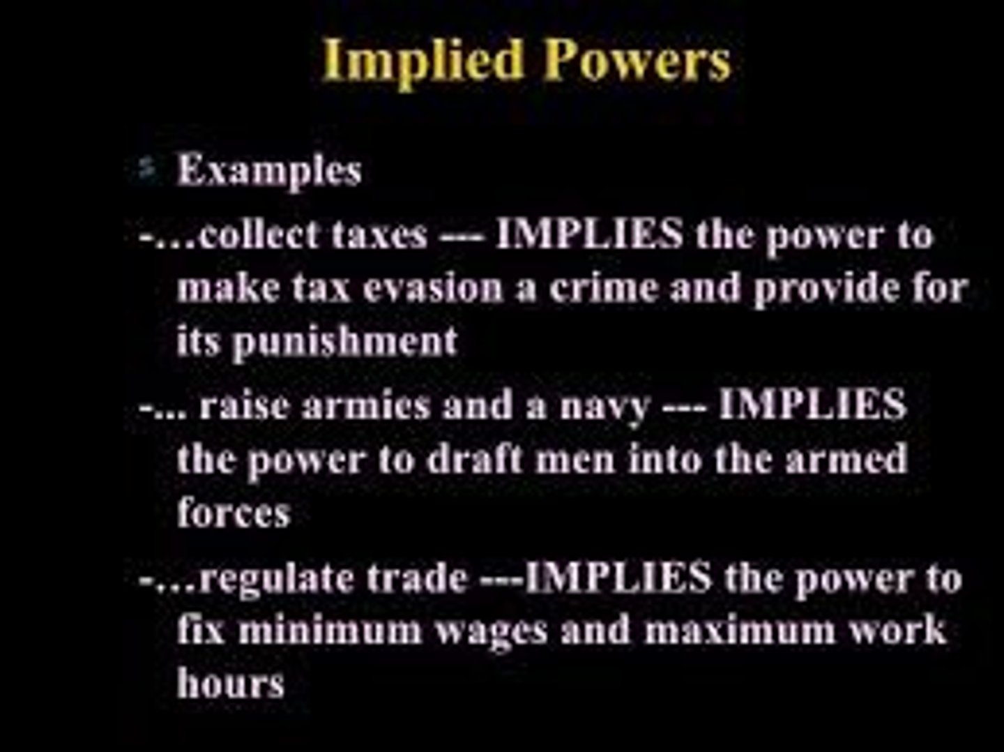 <p>Powers not specifically granted to the federal government, allowing Congress to make laws to carry out its enumerated powers under the necessary and proper clause.</p>