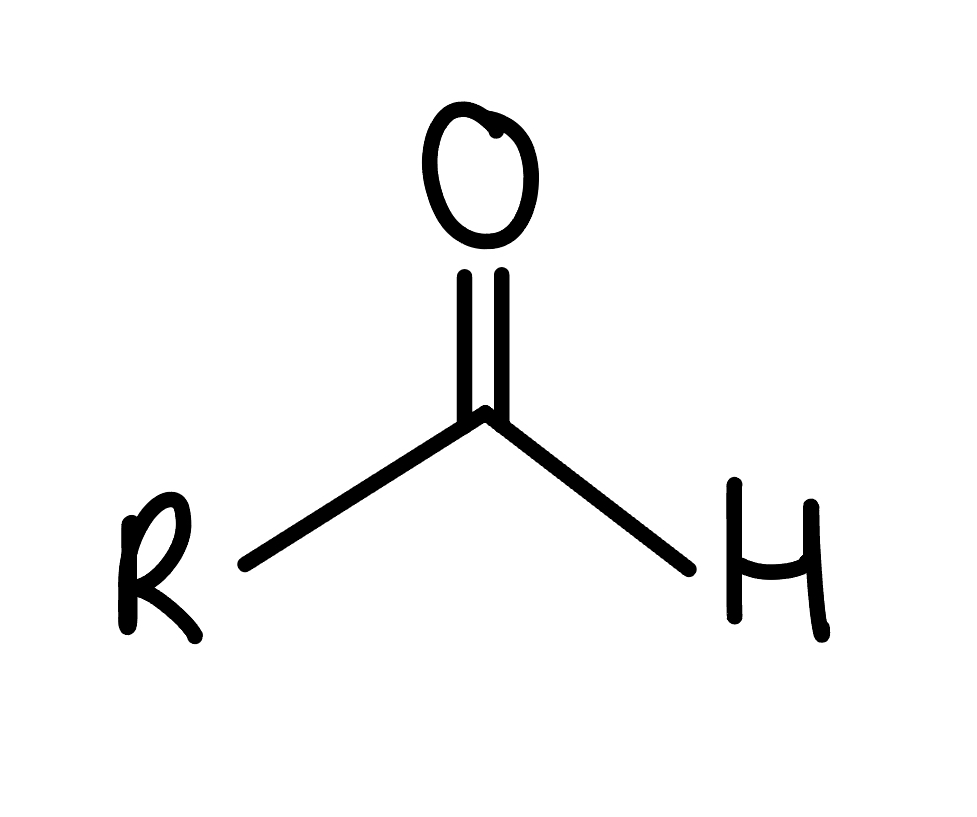 <p>carbonyl (C double to O) with one r group and one H directly attached to carbonyl's C </p>