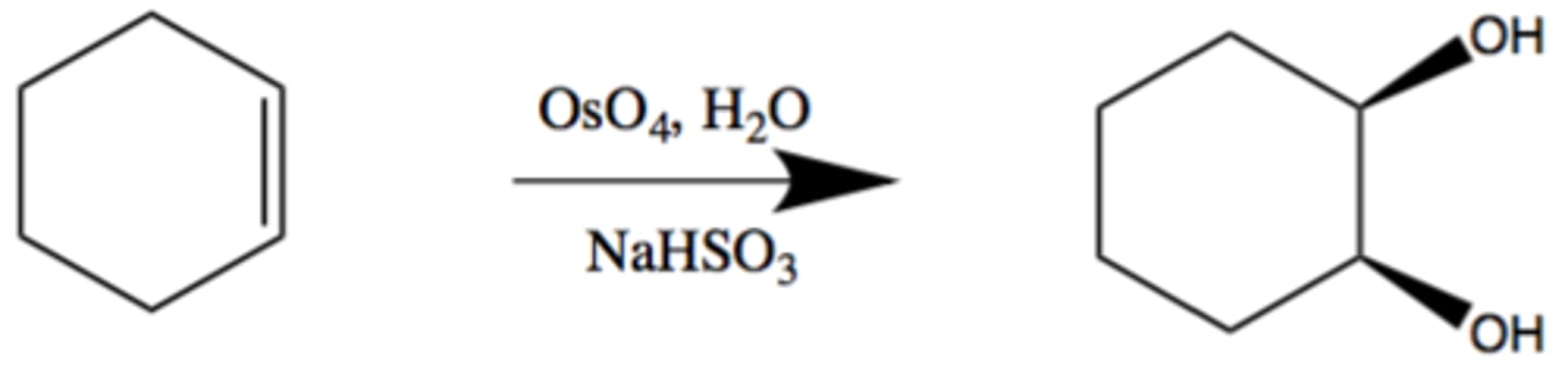 <p>OH and OH add syn. +/-.</p><p>Solvent is NaHSO3 with OsO4, H2O</p>