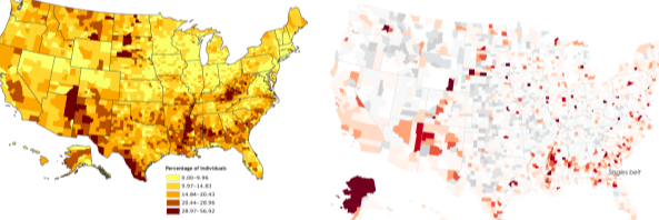 Maps with color 
use of color to represent the distribution of standardized variables values using pre-defined boundaries (e.g. countries) 
Loses gradient subtly - the phenomenon of interest may respect boundaries 
Explains via familiar units 
