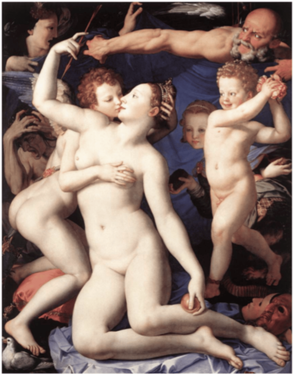 <p>Artist: Bronzino</p><p>Location: National Gallery, London</p><p>Medium: Oil on wood</p><p>Patron: Cosimo I de Medici or Francesco Salviati</p><p>Important Info:</p><p>*Who are the main figures? Venus, Cupid, Folly, and Time*</p><p>figura serpentinata form, displays the ambivalence, eroticism, and obscure imagery that are characteristic of the Mannerist period, and of Bronzino's master Pontormo</p>