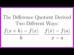 <p>(f(x+h)-f(x))/h (USE PARENTHESIS)</p><ol><li><p>In a difference quotient, everything without Xs cancels</p></li><li><p>Everything remaining should have an h &amp; therefore something should cancel</p></li></ol><p></p>