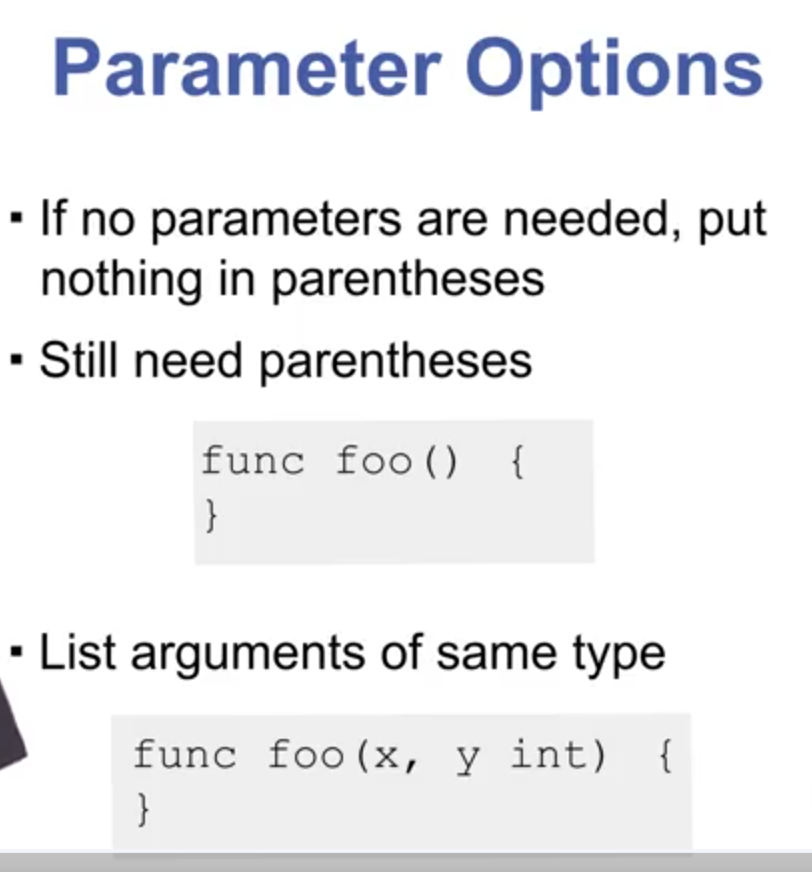 <ul><li><p>If a function accepts no inputs, simply leave the parentheses empty.</p></li><li><p>If the function accepts consecutive inputs of the same type, just place the type at the end of the last parameter of that type.</p></li></ul><p></p>