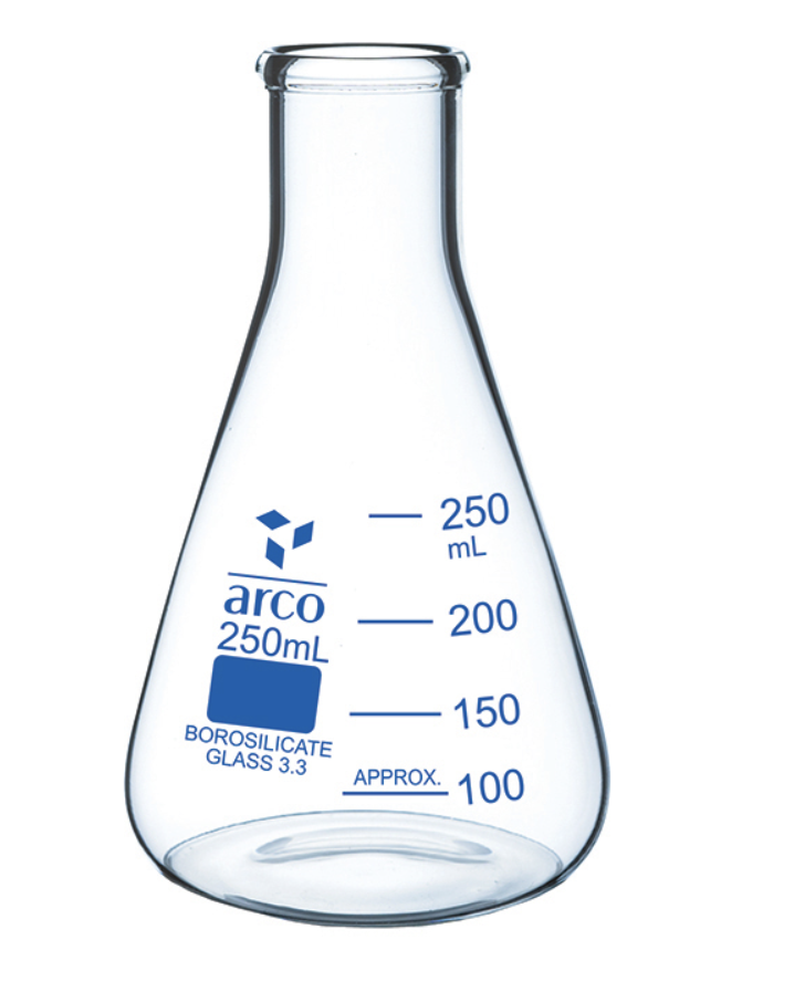 <p>Holds liquids, shape avoids loss due to splashing, used for titration</p>